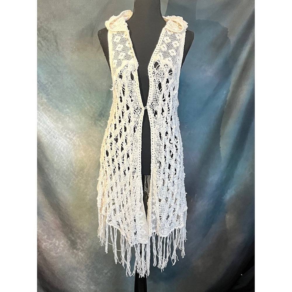 Free People‎ Cream Crochet Hooded Long Fringe Vest Cardigan Sweater Size Small